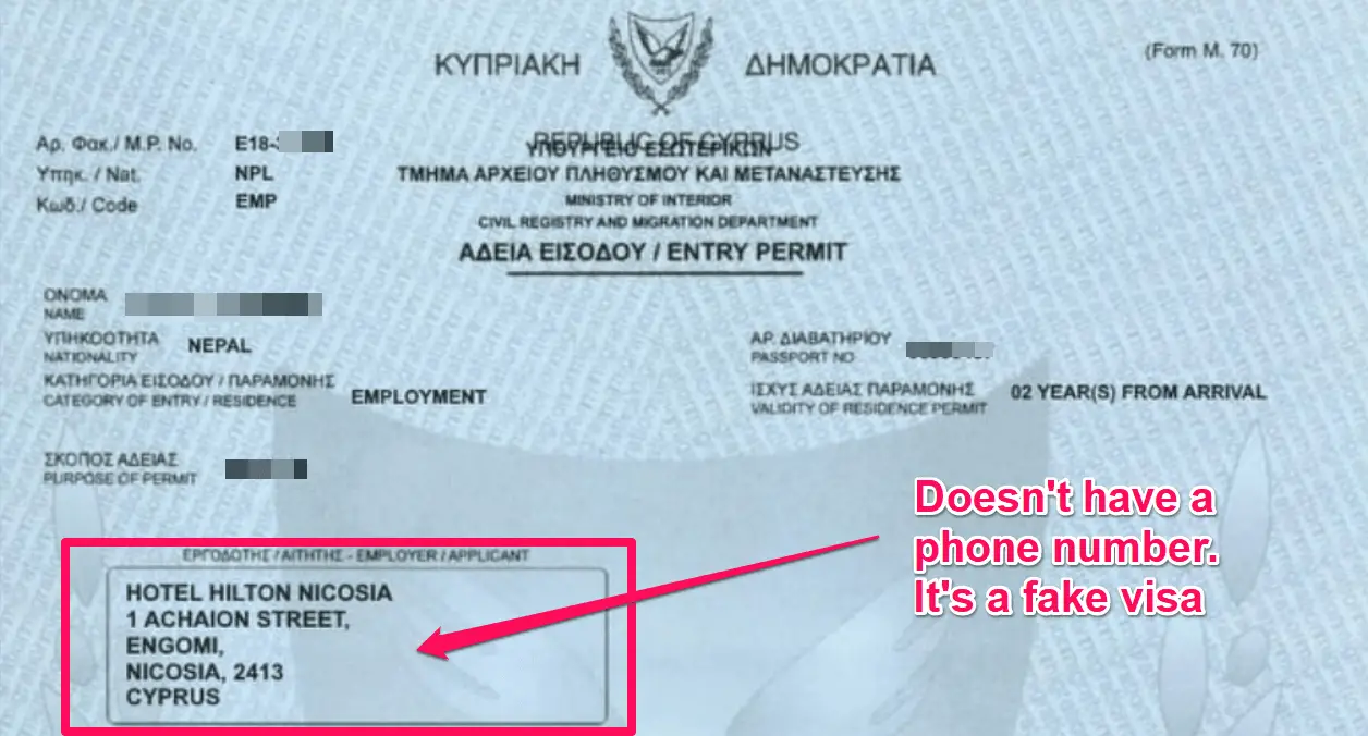 Fake Cyprus visa because it doesn't have a phone number
